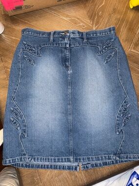 VTG Faded Glory Western Cow Girl Style Sz 14 Blue Denim Skirt Women Leaf Cotton